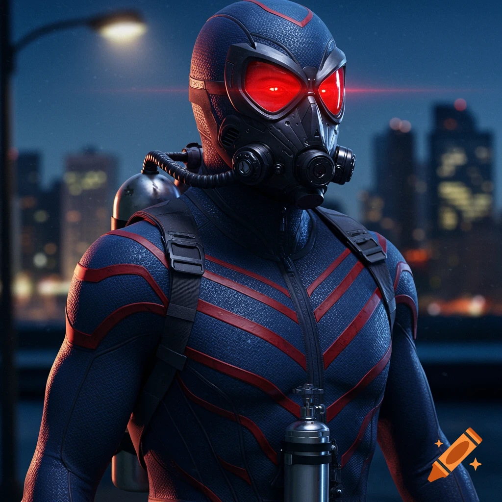 A superhero in a dark blue and red suit with a gas mask, glowing red eyes, and an oxygen tank on their back stands against a city night sky.