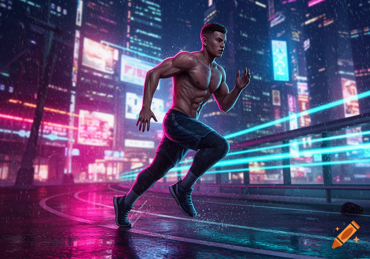 A muscular man runs shirtless through a neon-lit, rainy cyberpunk city street at night, in a dynamic, photorealistic style.