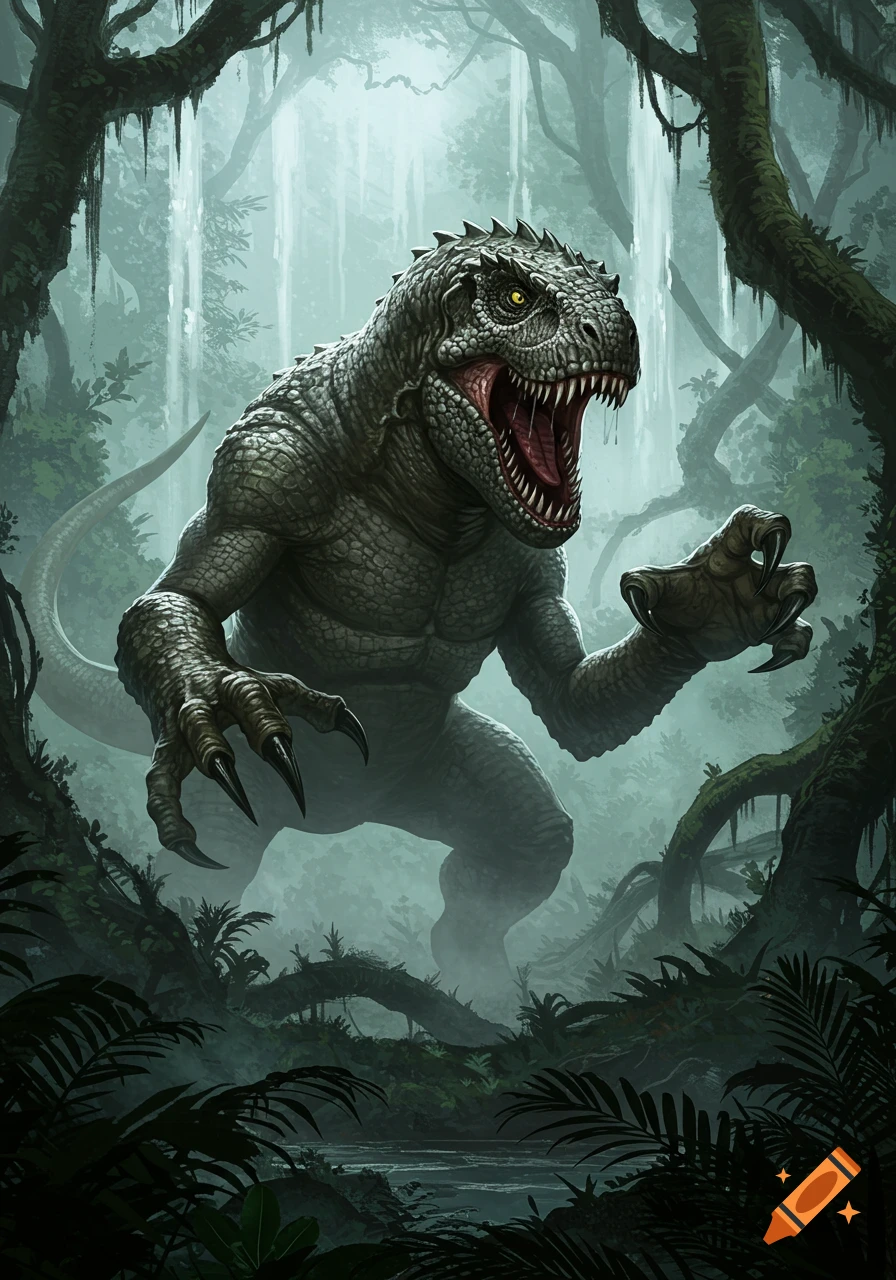 A large, green dinosaur with sharp teeth and claws roaring in a misty, dark jungle. Illustration.