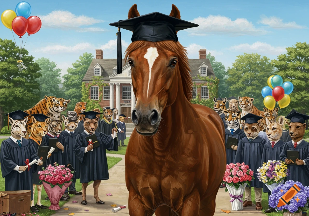 A brown horse in a graduation cap stands prominently in front of a university building. Behind it, various anthropomorphic animals in graduation gowns celebrate, holding diplomas and flowers, with colorful balloons.