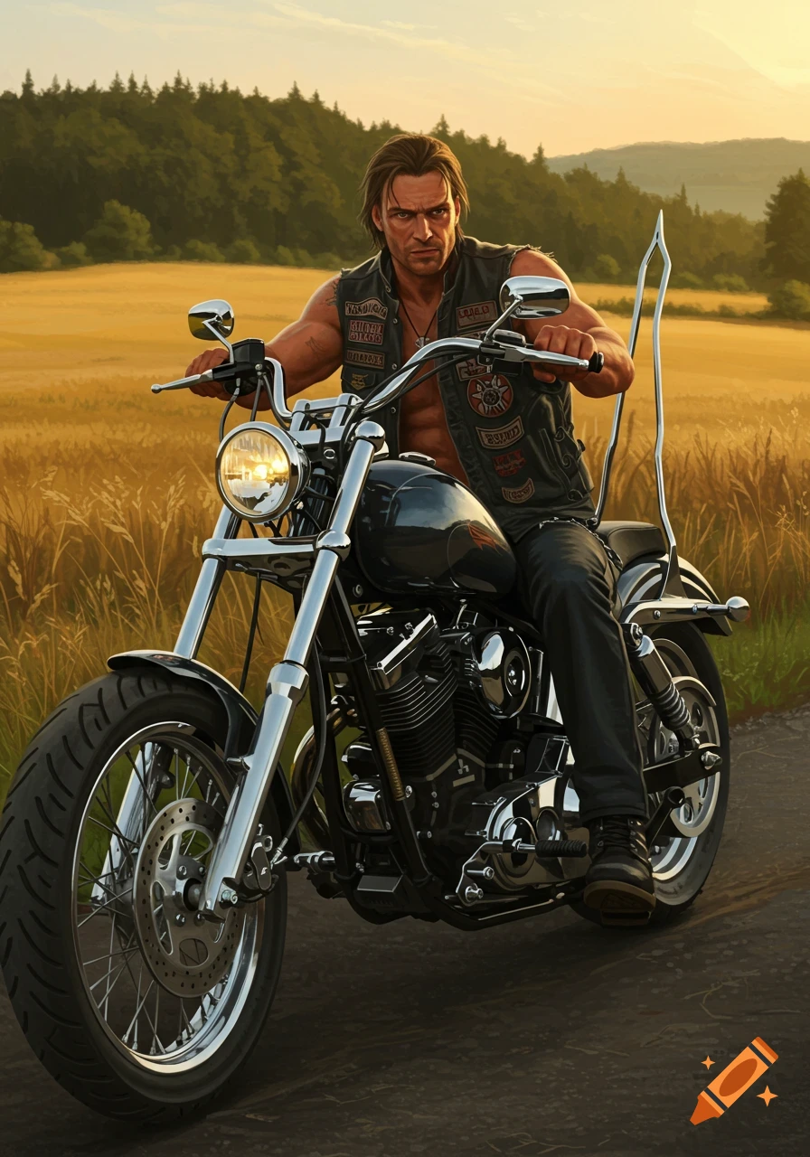 A rugged male biker on a chopper motorcycle on a road through a golden field with trees.