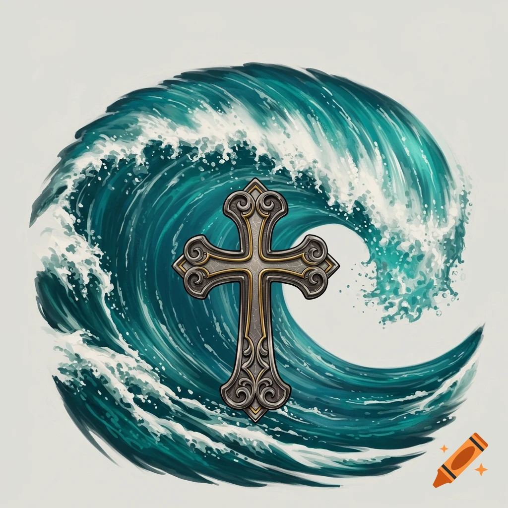 A stylized grey and gold cross centered within a breaking teal ocean wave.