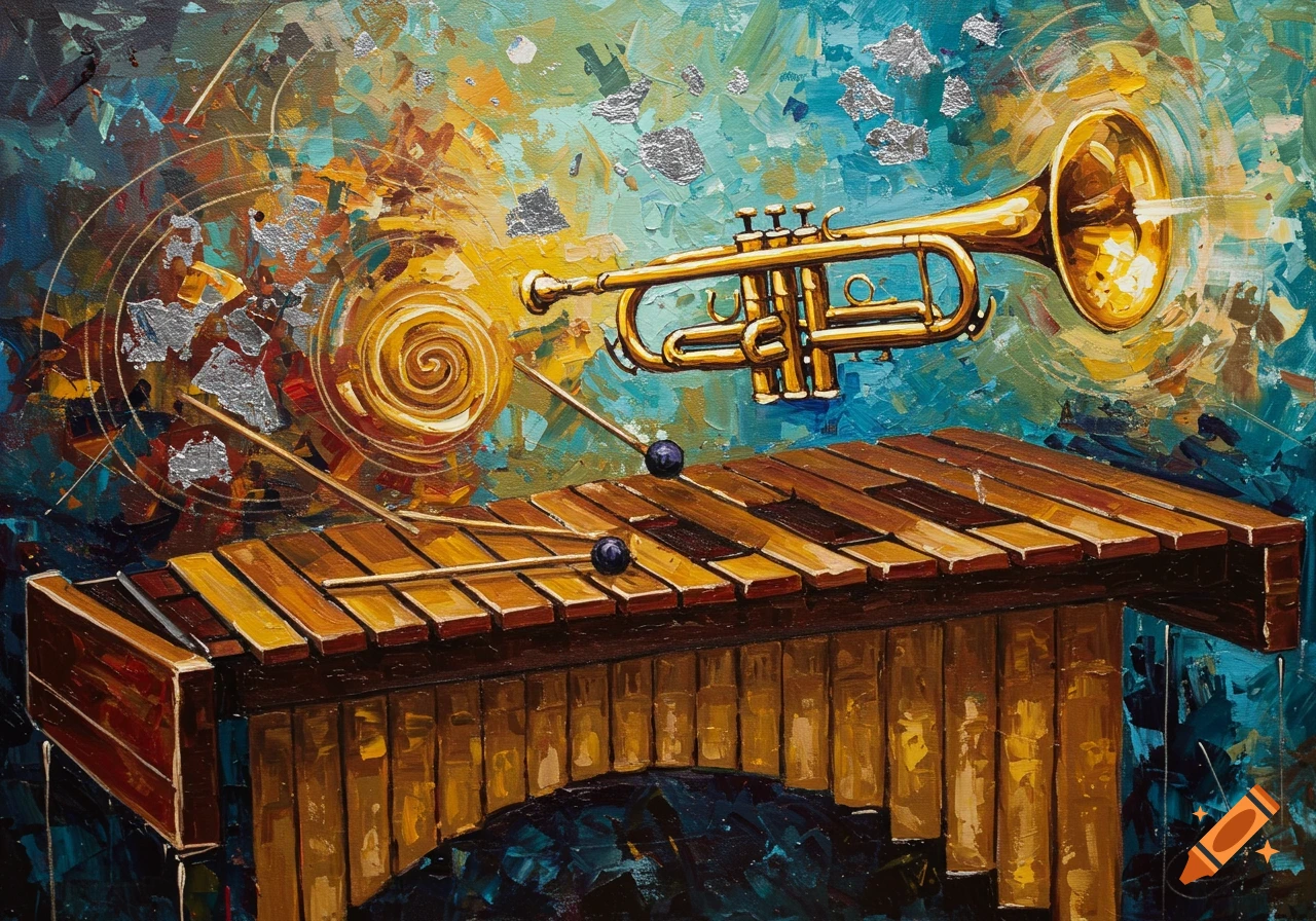 Abstract expressionist painting of a golden trumpet and a wooden marimba with mallets on a swirling, colorful background.