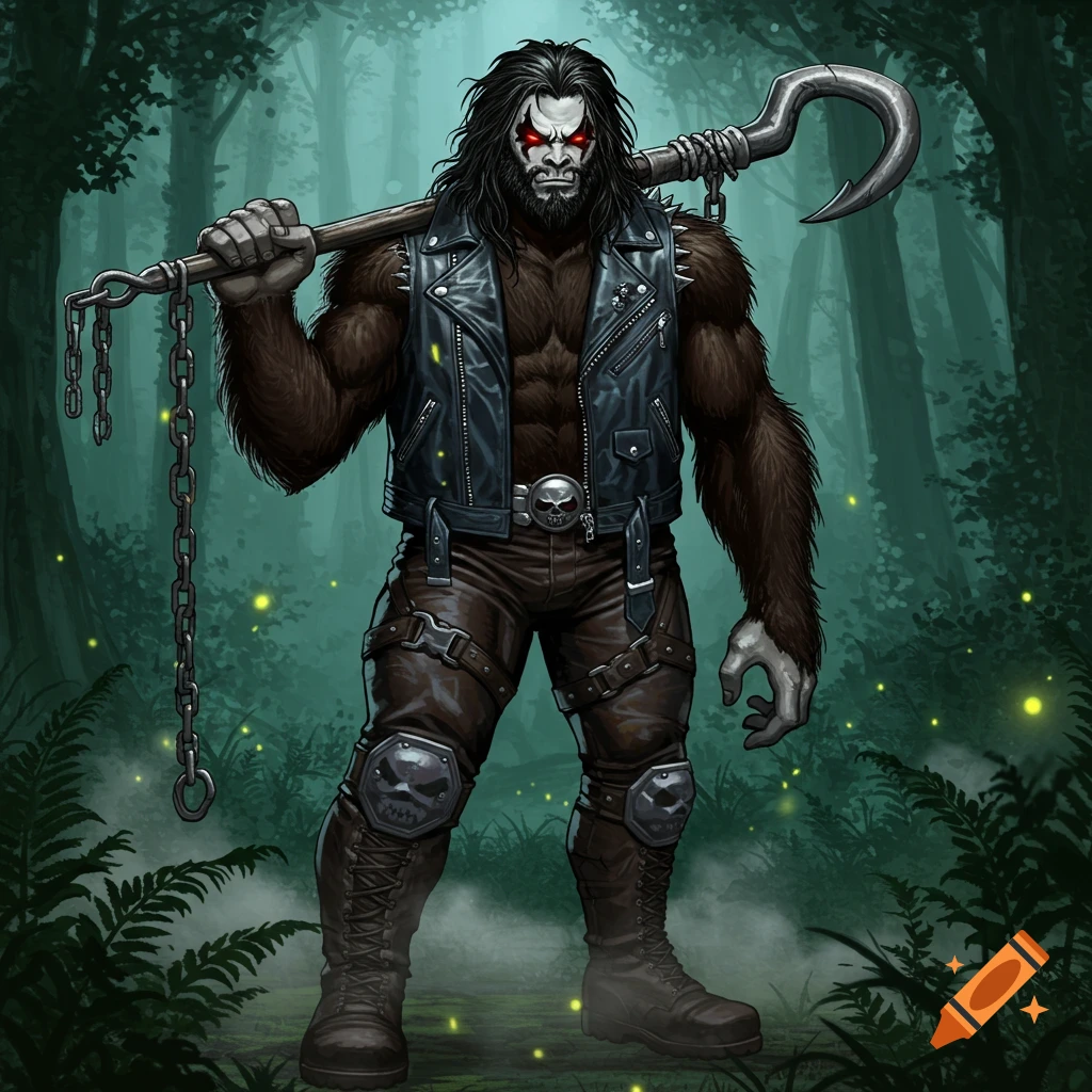 A muscular, hairy character with red eyes, long black hair, leather jacket, and boots, holding a large hook with a chain, stands in a misty forest.