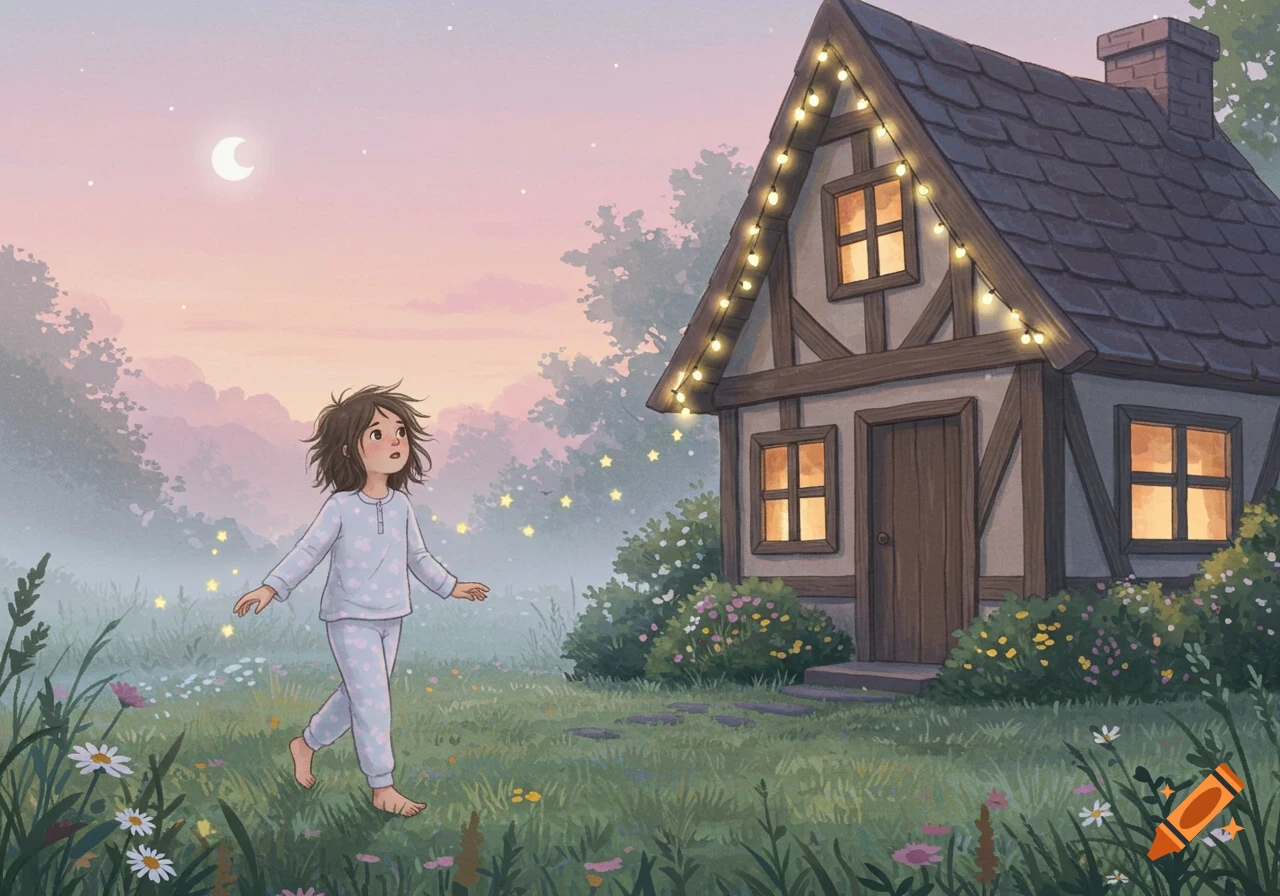 A barefoot girl in pajamas walks outside a house decorated with fairy lights, under a pastel sky with a crescent moon and glowing stars. Children's book illustration.