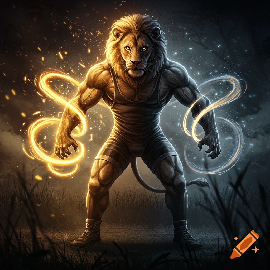 A muscular lion-human hybrid in a wrestling singlet stands with glowing light and dark energy in a forest setting.