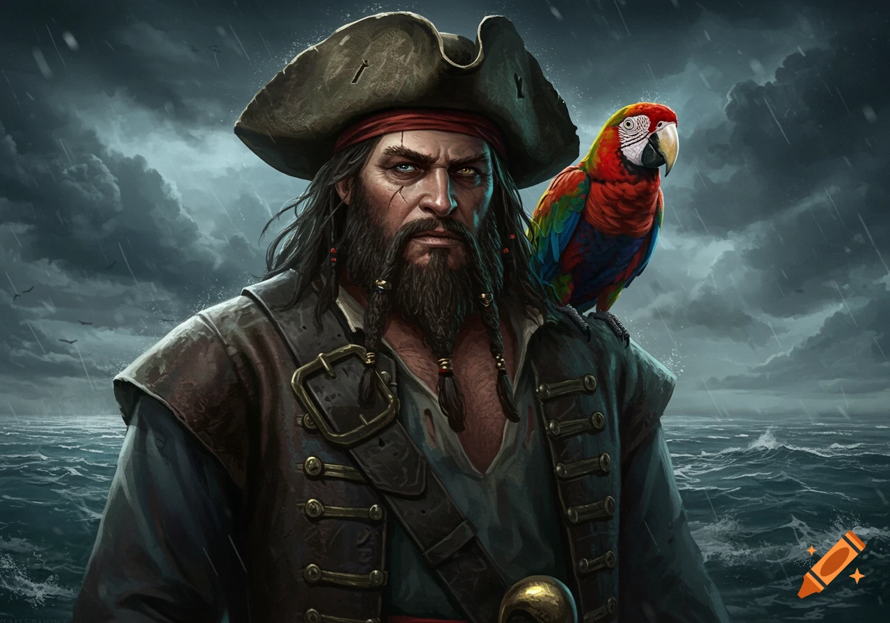 A dark, intense pirate with a long black beard and a tricorn hat stands on a stormy sea with a colorful macaw parrot on his shoulder. The digital painting shows rain falling.