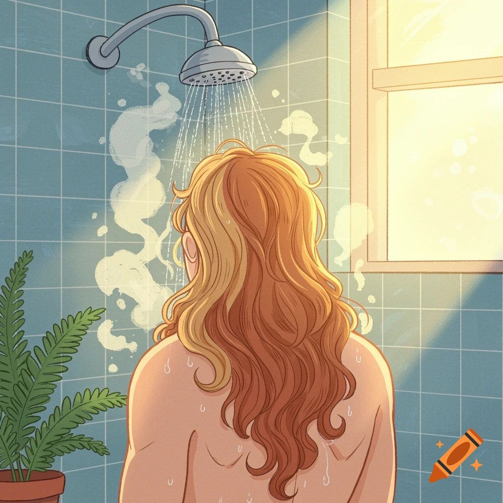 Cartoon illustration of a person with long, flowing hair showering, viewed from behind. Sunlight streams through a bathroom window.