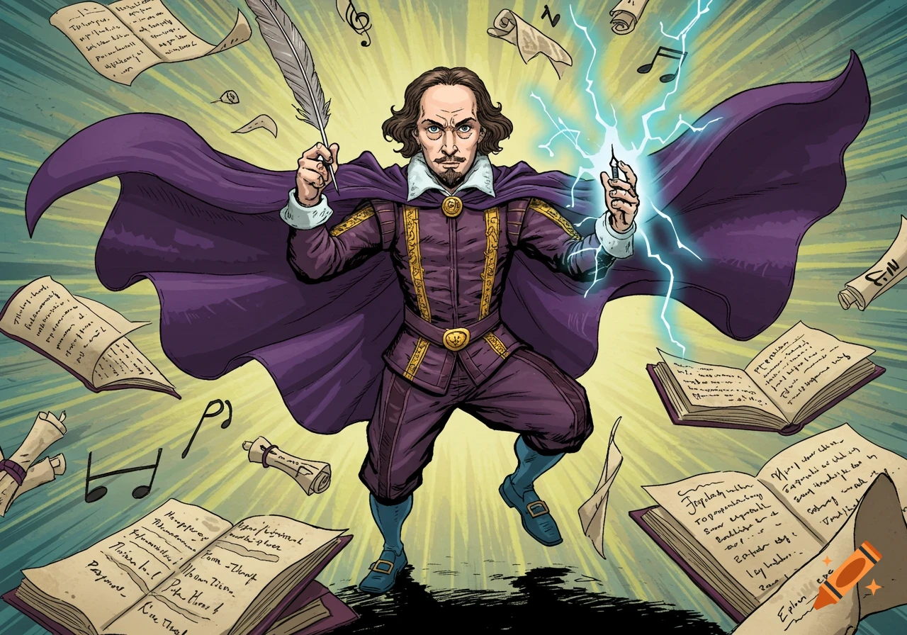 Comic style illustration of William Shakespeare as a superhero bard, wielding a quill and lightning, surrounded by floating papers and music notes.