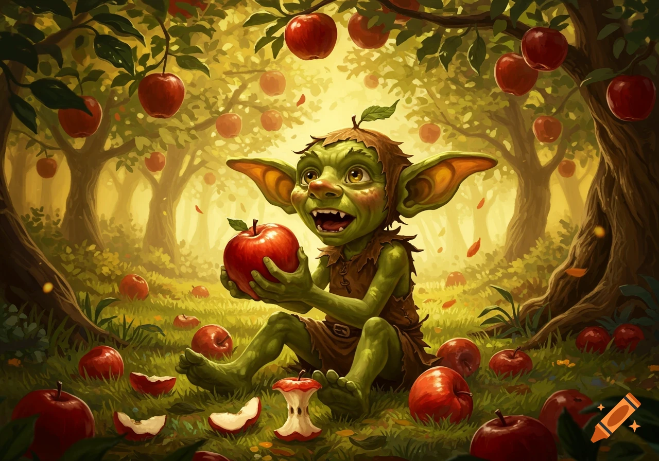 A happy green goblin creature sits on the ground in a vibrant, sunlit apple orchard, holding a large red apple with eaten cores and apples scattered around.