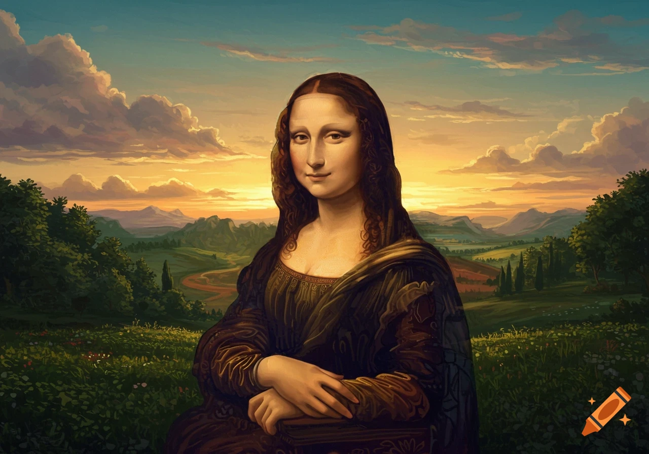 Mona Lisa portrait with a vivid sunset landscape and rolling hills behind her, in a painterly style.