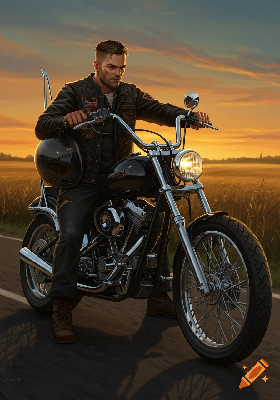 A rugged man in a leather jacket on a black motorcycle on a rural road at sunset.