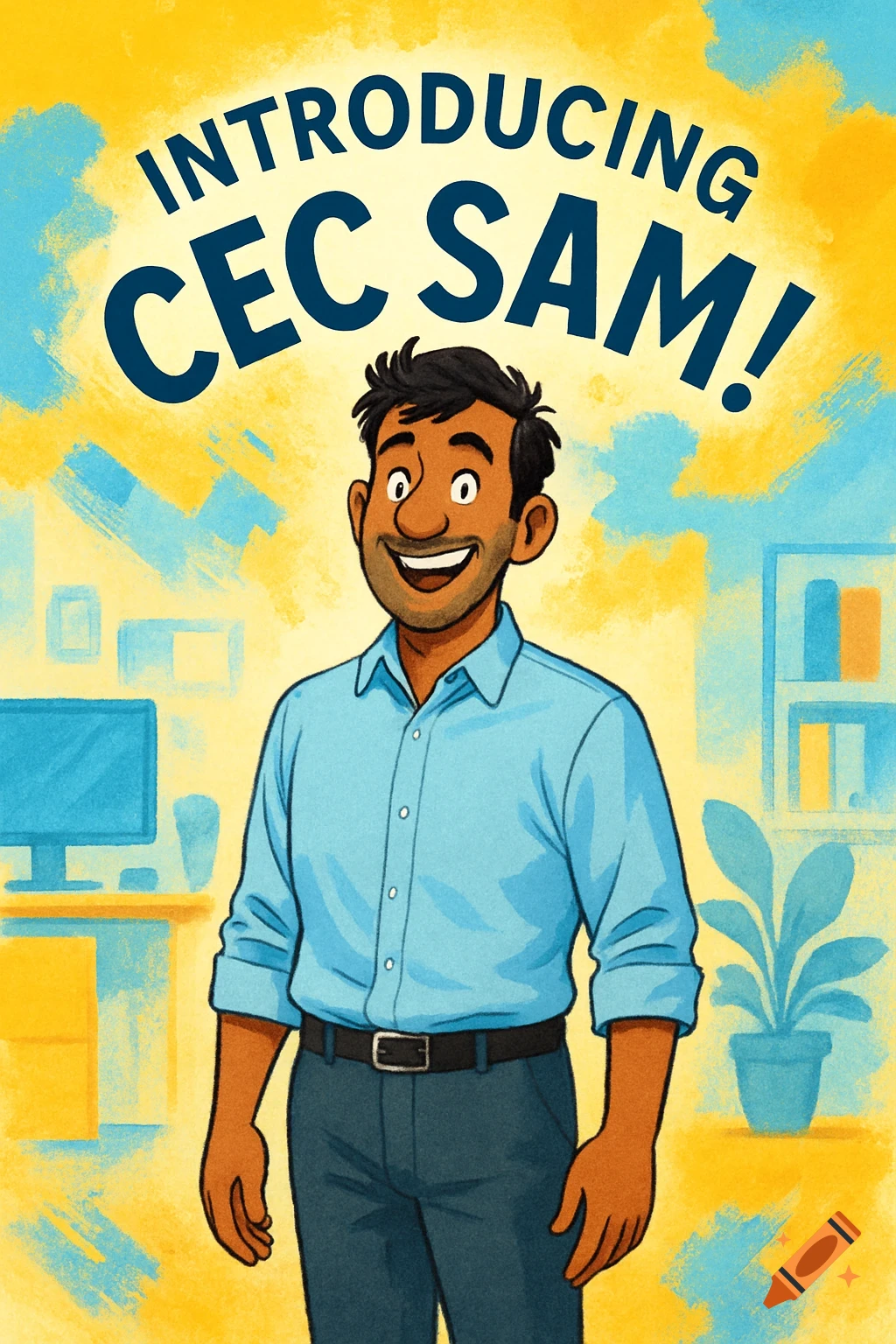 An illustration of a smiling man in a blue shirt standing in an office, with "INTRODUCING CEC SAM!" text above him.