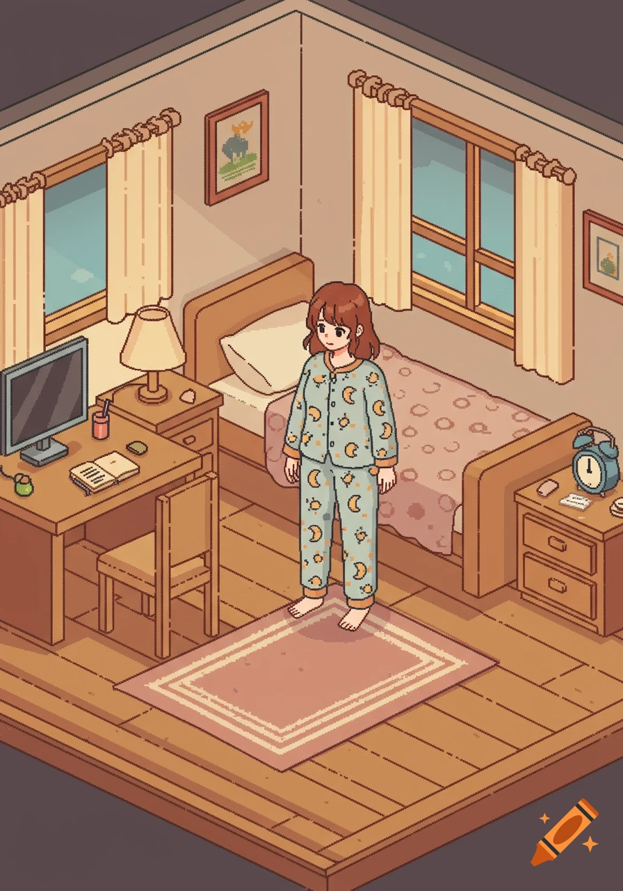 An isometric pixel art illustration of a bedroom with a person in moon pajamas standing by a bed and desk.