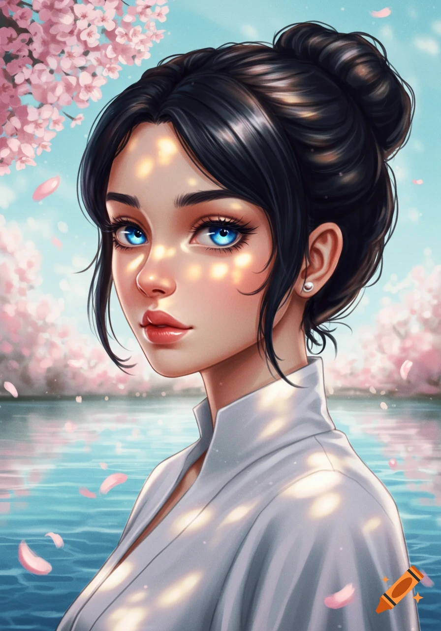 A stylized portrait of a girl with dark hair in a bun and blue eyes, against a backdrop of cherry blossoms and water.