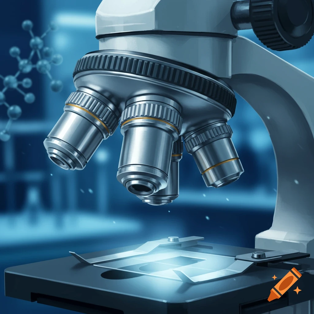 A close-up of a scientific microscope with a glowing slide, against a blue, molecular background.