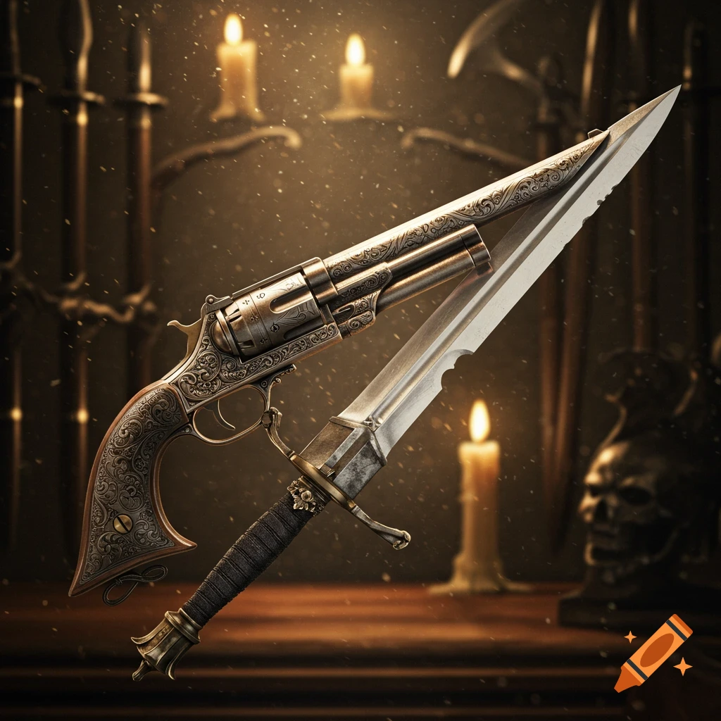 Ornate antique revolver and sword crossed in a dark, candlelit room with glowing dust, photorealistic.