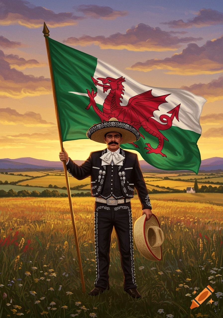 A man in a charro suit and sombrero holds a Welsh flag in a golden field under a sunset sky.
