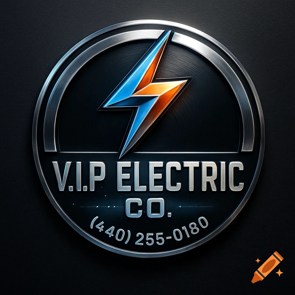 A circular metallic logo for V.I.P Electric Co. featuring a blue and orange lightning bolt.