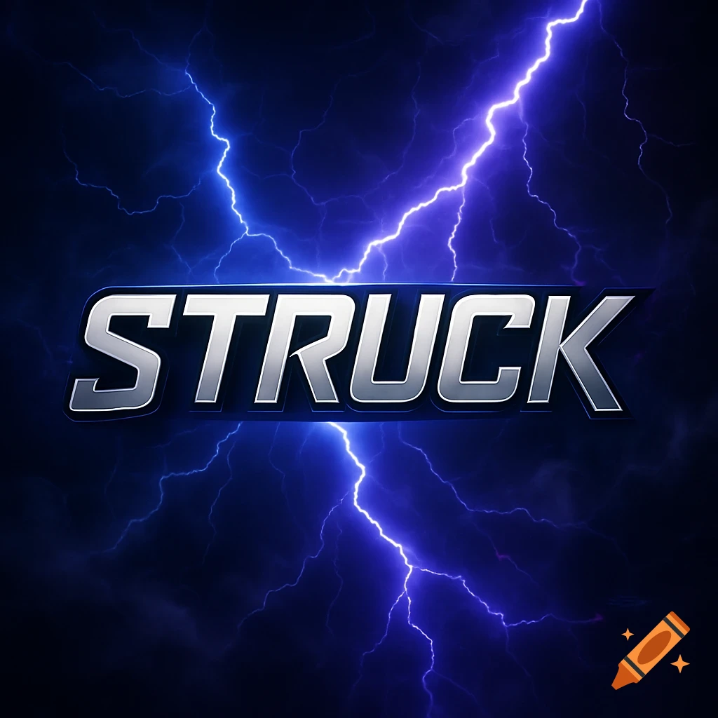 A metallic silver gaming logo for 'STRUCK' with blue and purple lightning bolts against a dark background.