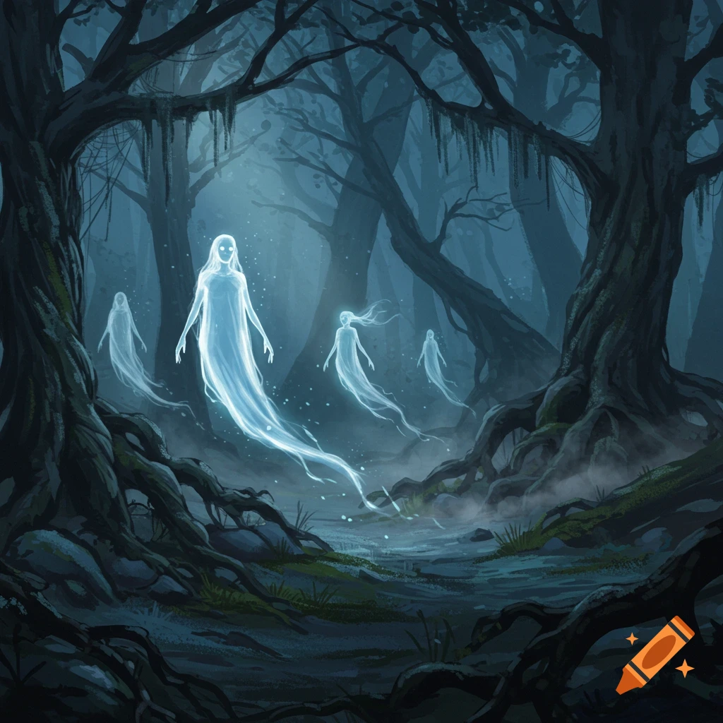 Ethereal white spirits float through a dark, mist-filled forest with twisted, ancient trees.