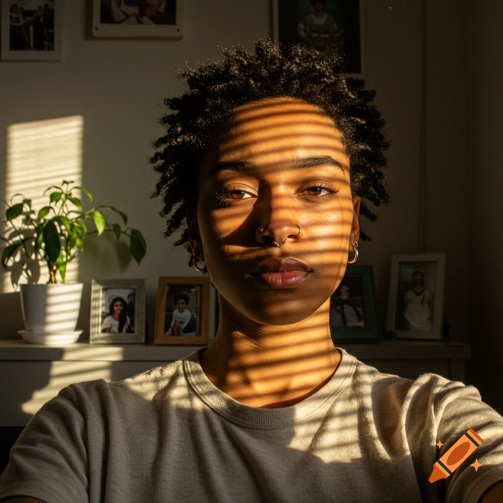 A person with short curly hair and a nose ring looks at the camera, with window blind shadows striped across their face and body.