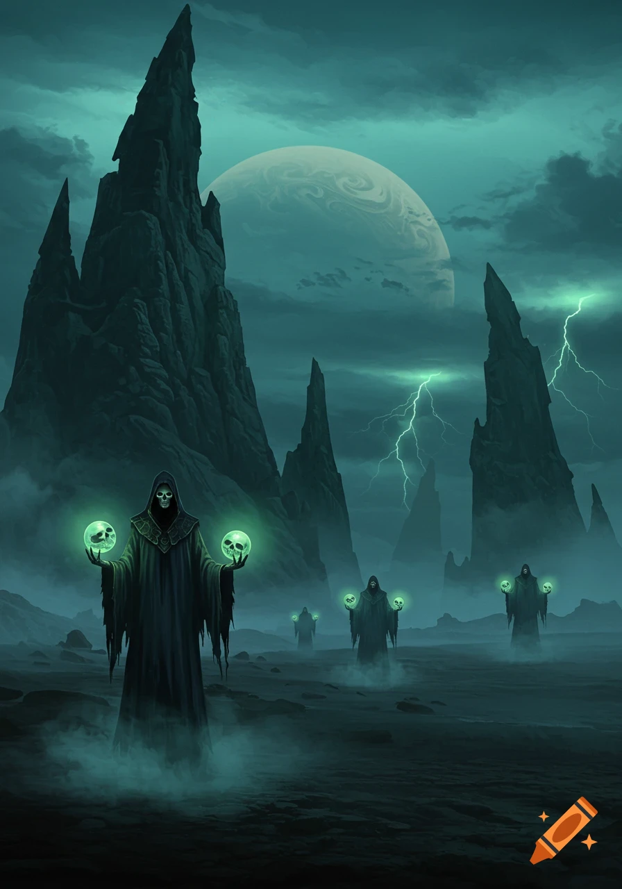 A group of cloaked grim reapers holding glowing green skulls stand in a dark, misty alien landscape with jagged peaks and a large planet in the stormy sky.