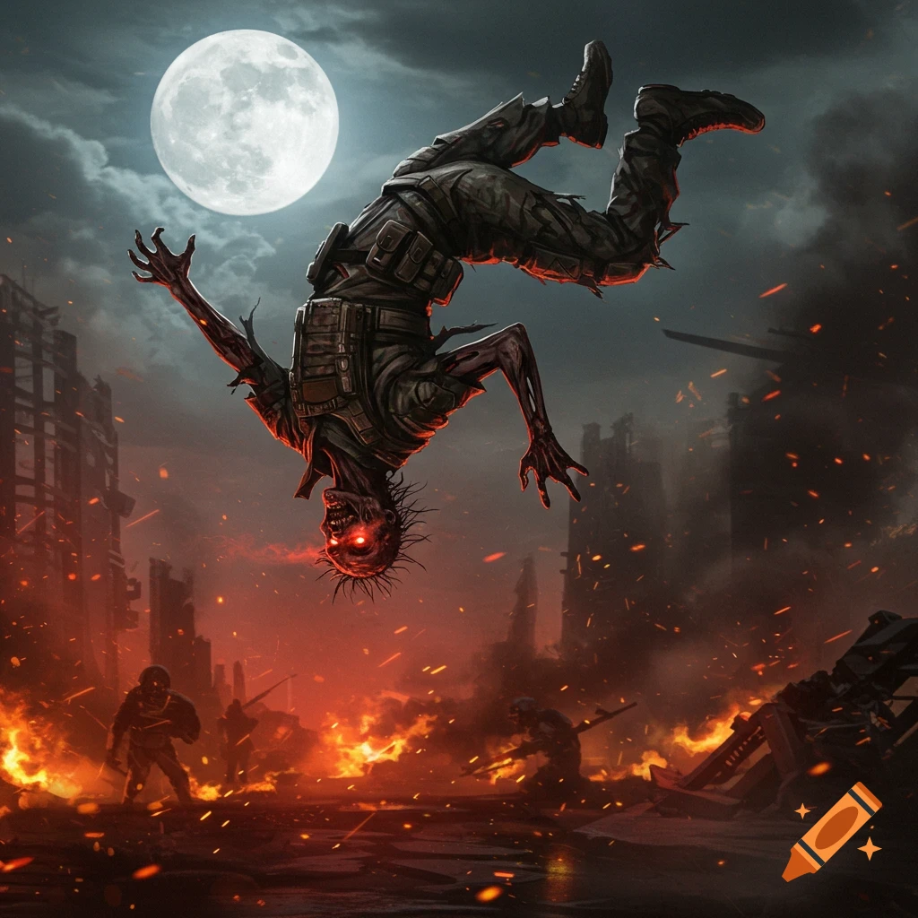 A zombie in military gear falls headfirst over a fiery, ruined cityscape under a bright full moon.