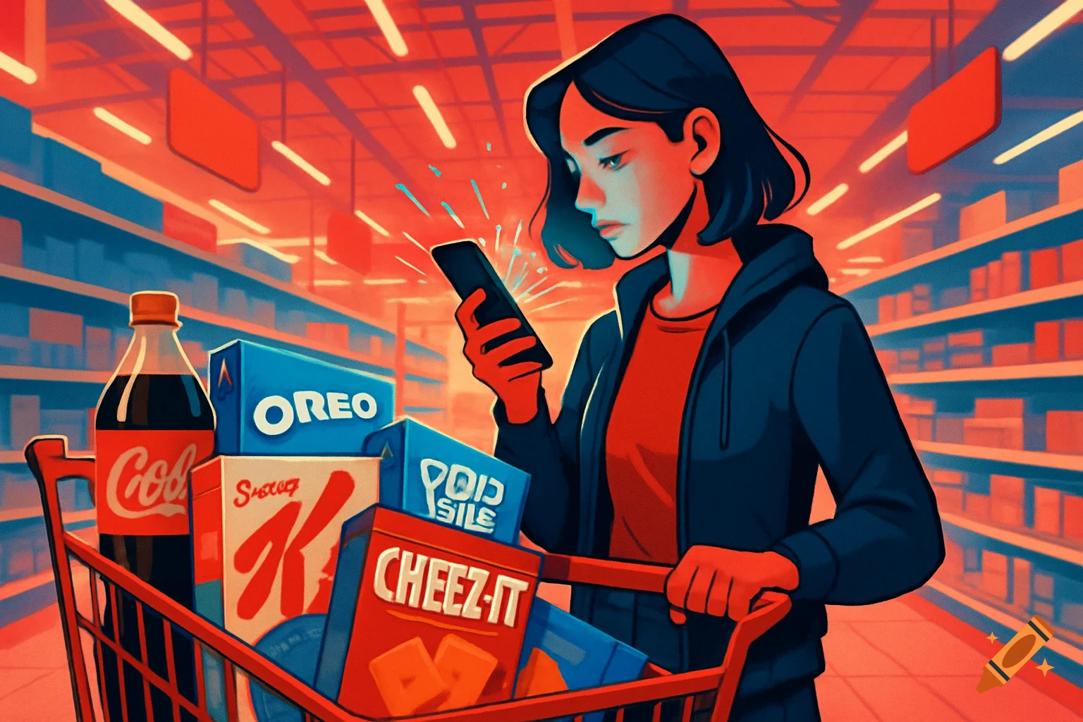 An animated illustration of a woman in a supermarket aisle, looking at her phone while pushing a shopping cart filled with popular brand items.