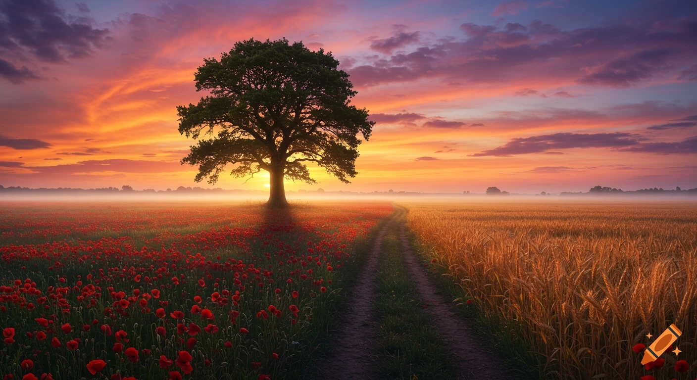 A large oak tree stands in a field of red poppies and golden wheat under a dramatic sunset sky.