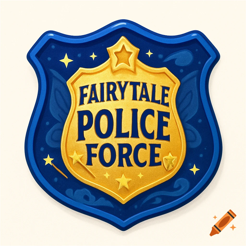 A blue and gold stylized police badge with 'FAIRYTALE POLICE FORCE' written on it, featuring stars and a magic wand.