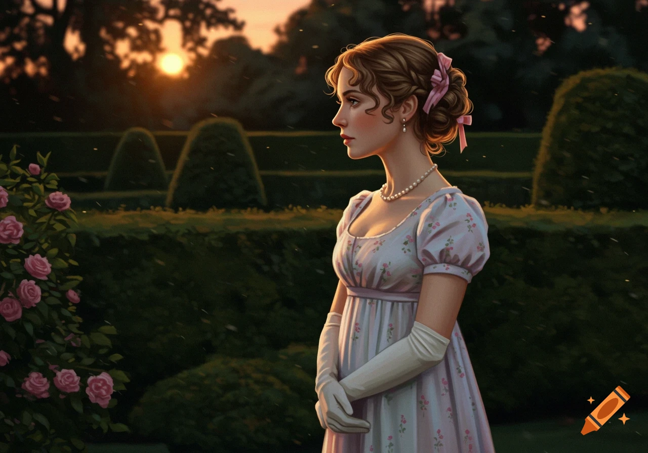 A woman in a Regency-era dress and gloves stands in a garden at sunset, looking to the side.