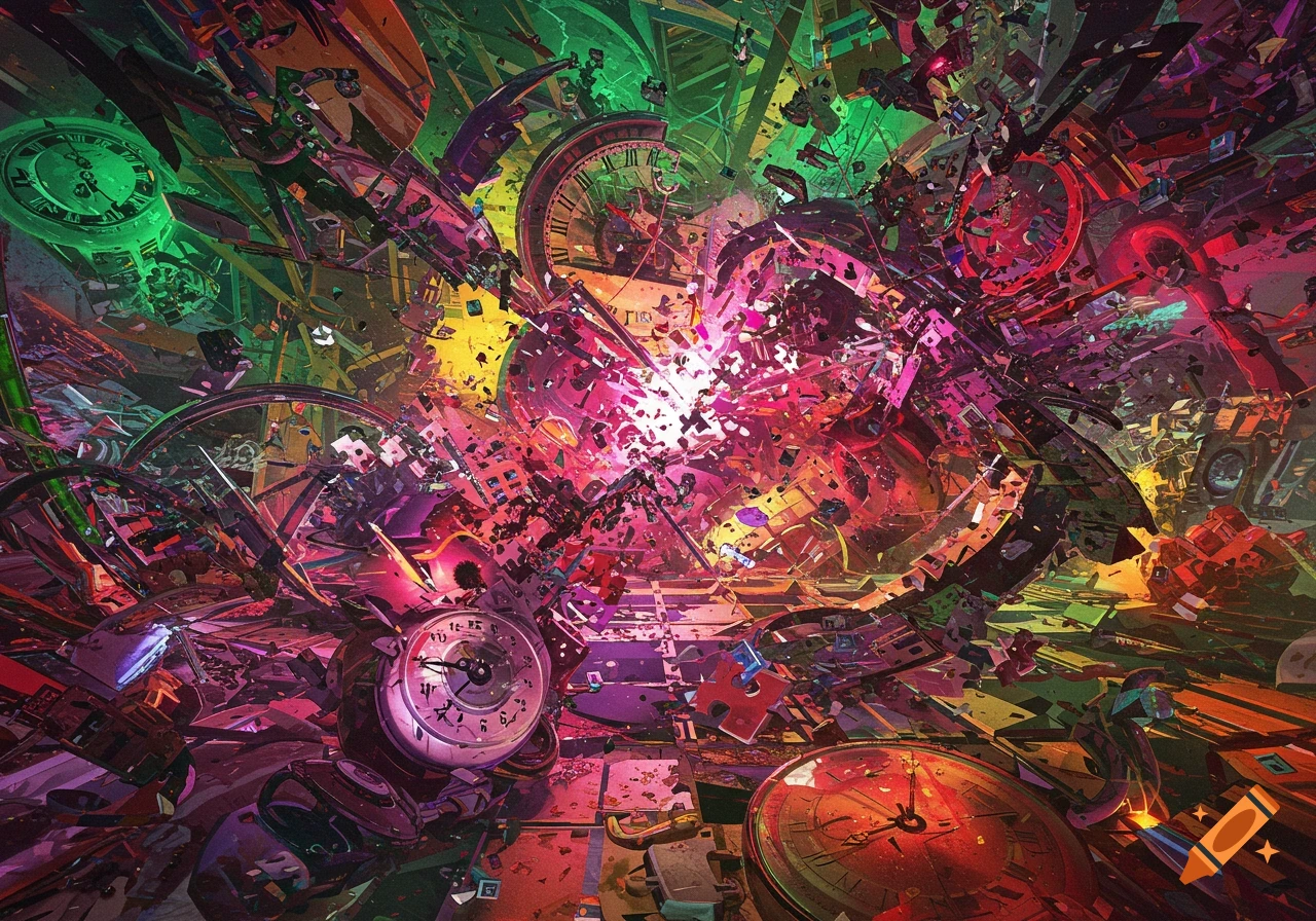 A chaotic, vibrant explosion of shattered clock parts and abstract fragments in pink, green, and orange.
