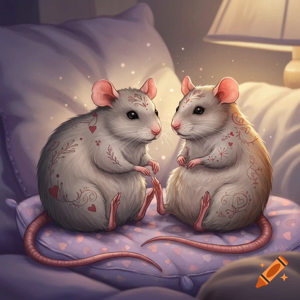 Two cute rats with heart and swirl patterns on their fur sit on a purple pillow in a softly lit bedroom, looking at each other.