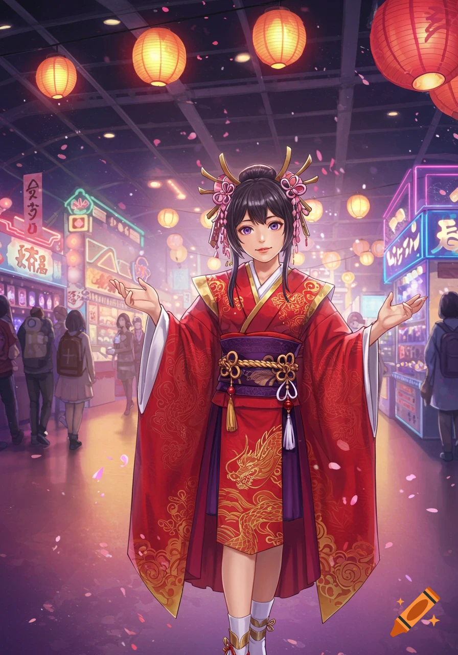 An anime girl in a red and gold traditional dress with elaborate hair ornaments stands in a vibrant night market with glowing lanterns and cherry blossoms falling.