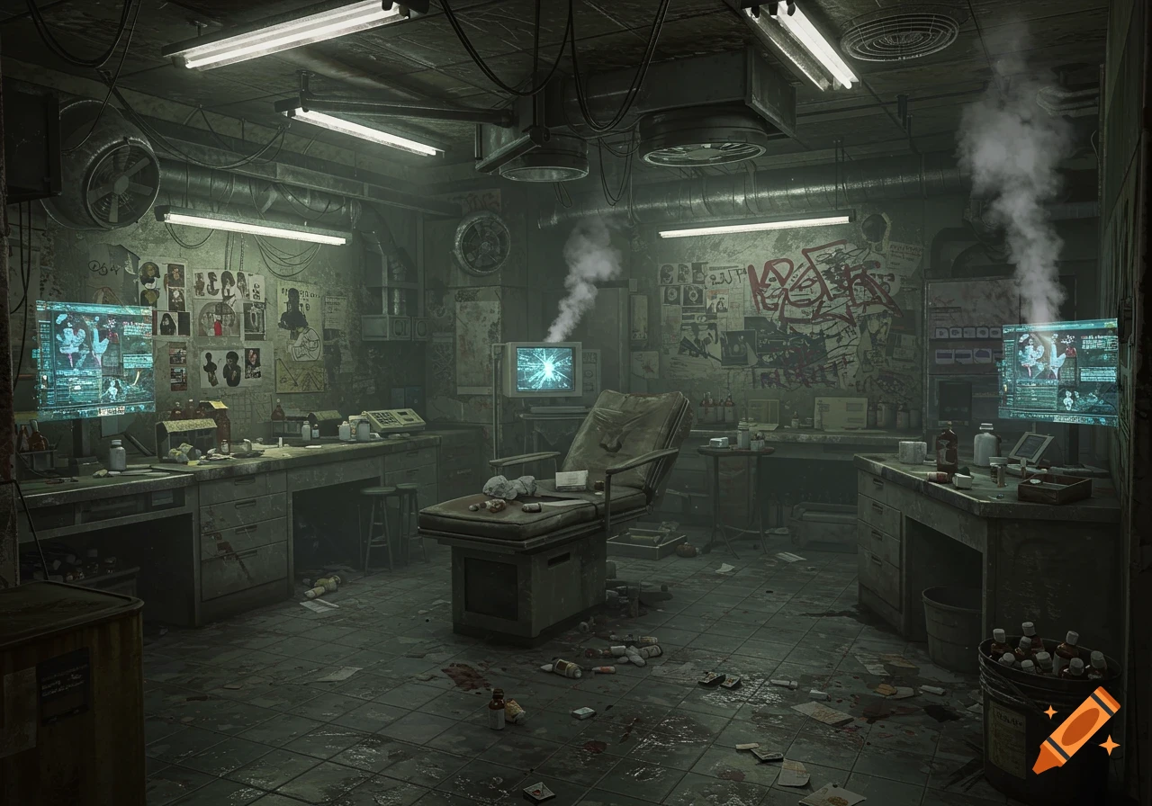 A dark, grimy, abandoned-looking future medical office with flickering lights, cluttered desks, a worn examination chair, and posters on the walls.