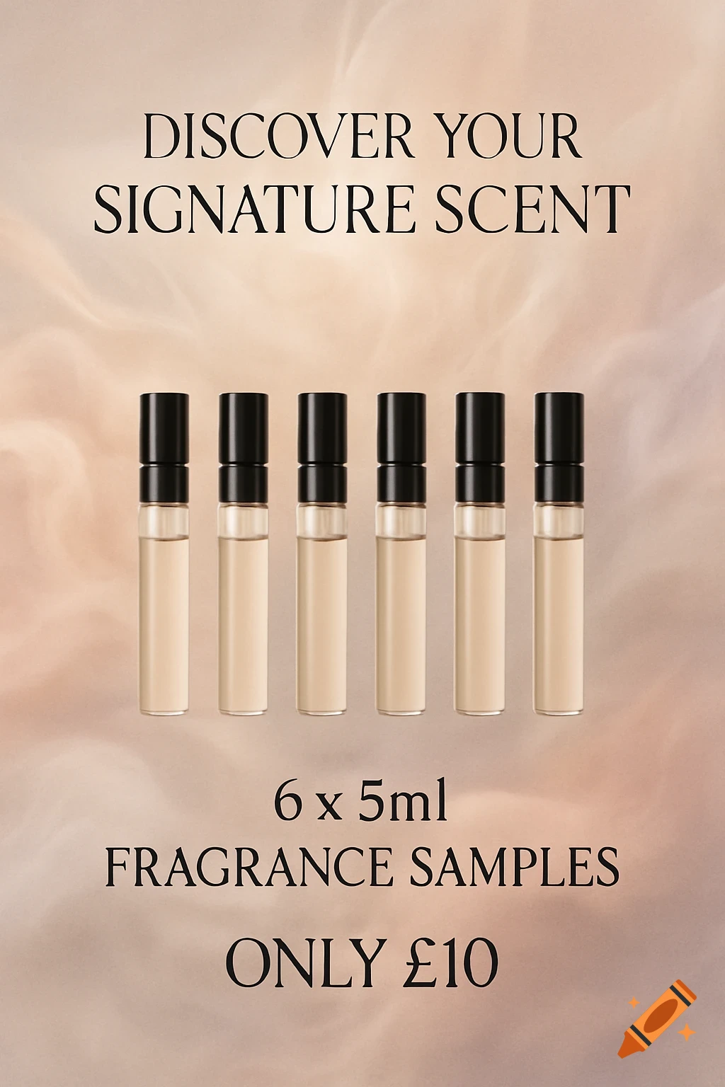Six small fragrance sample bottles on a light pink background with promotional text for scent discovery.