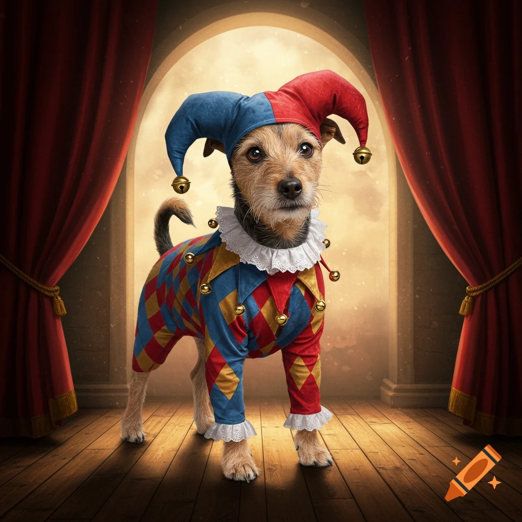 A scruffy brown dog wearing a red and blue jester costume with bells and a white ruffle collar stands on a wooden stage.