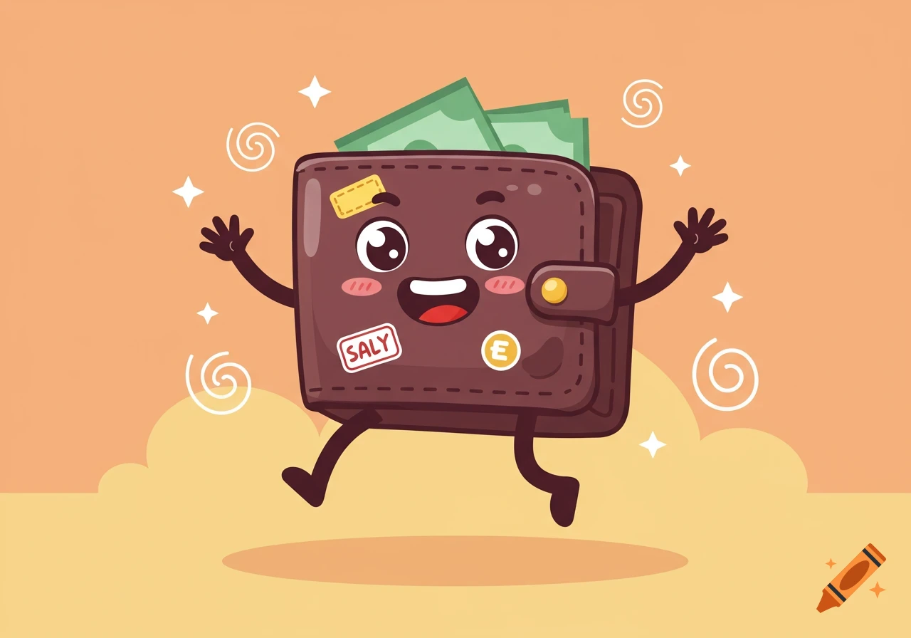 A happy cartoon brown wallet character with big eyes and a wide smile, jumping with money peeking out, against an orange background. Vector art.