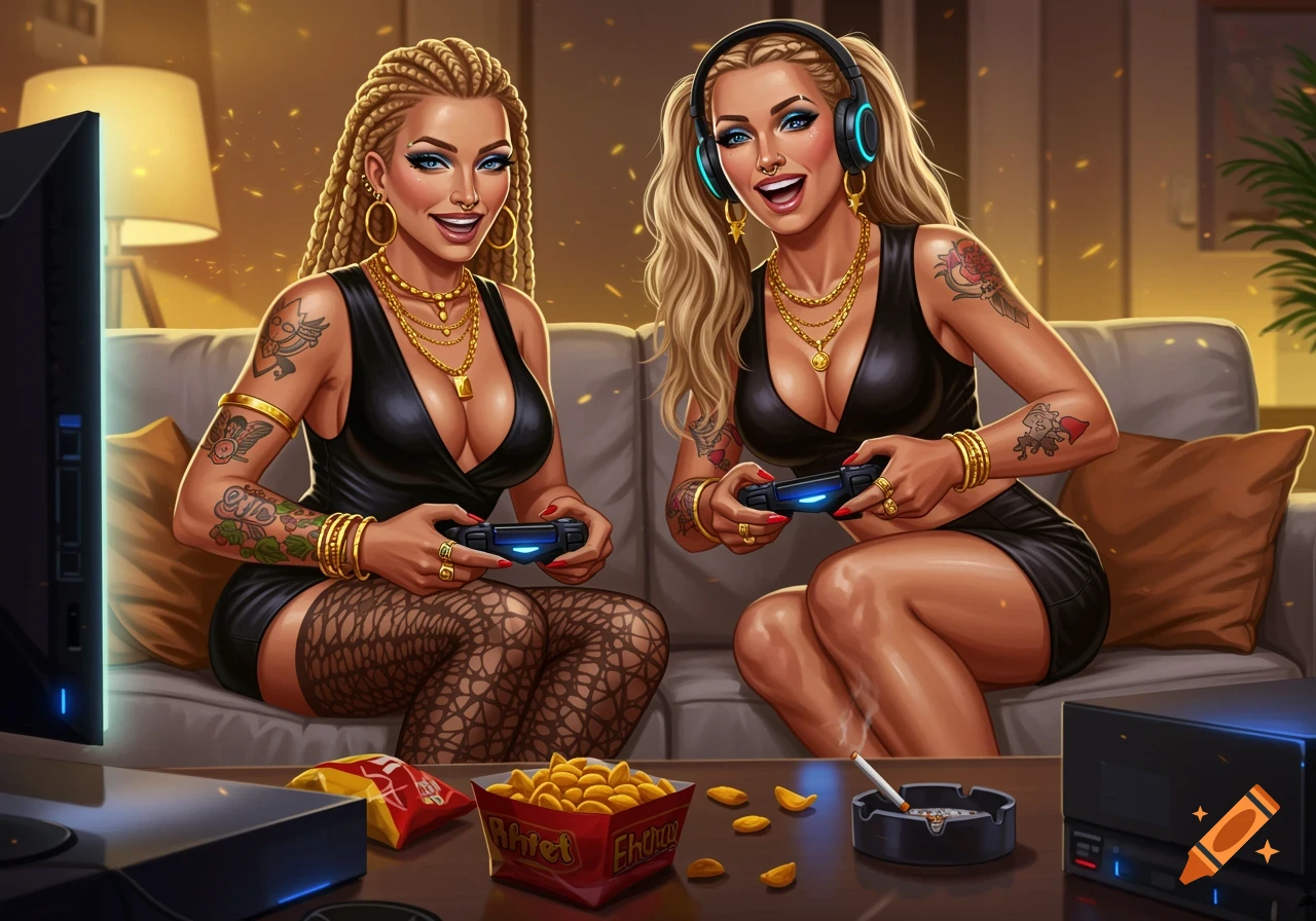 Two smiling women with blonde hair, tattoos, and revealing black dresses play video games on a sofa, surrounded by snacks and a cigarette. Illustrated style.
