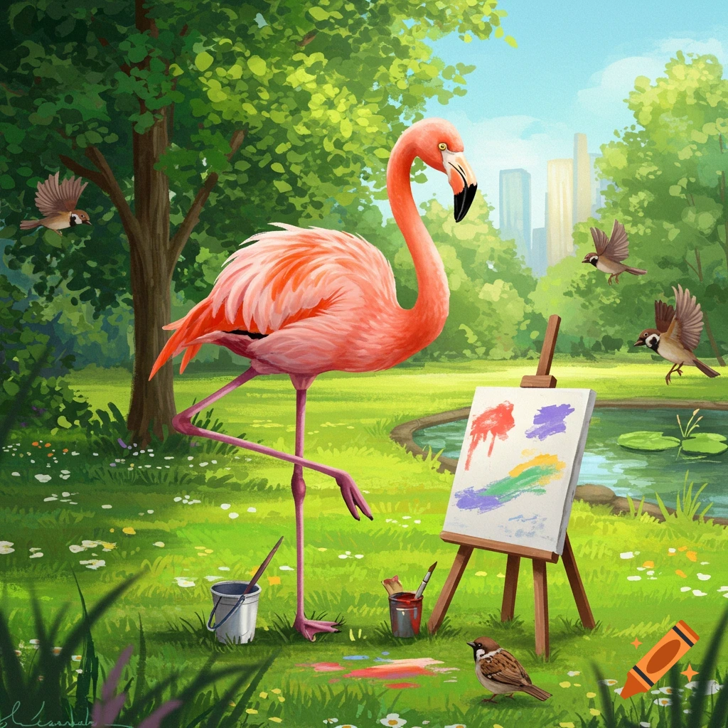 A pink flamingo stands on one leg, painting on an easel with its foot in a vibrant green park with birds flying around.