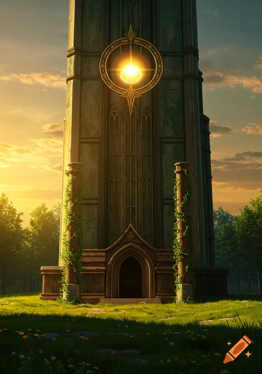 A tall, weathered, ancient-looking tower with a glowing gold circle, surrounded by green trees and grass under a sunset sky.