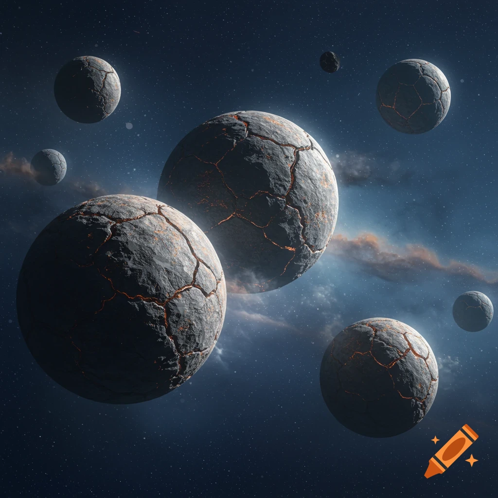Multiple rocky planets with glowing cracks float in a dark, starry space with a faint nebula.