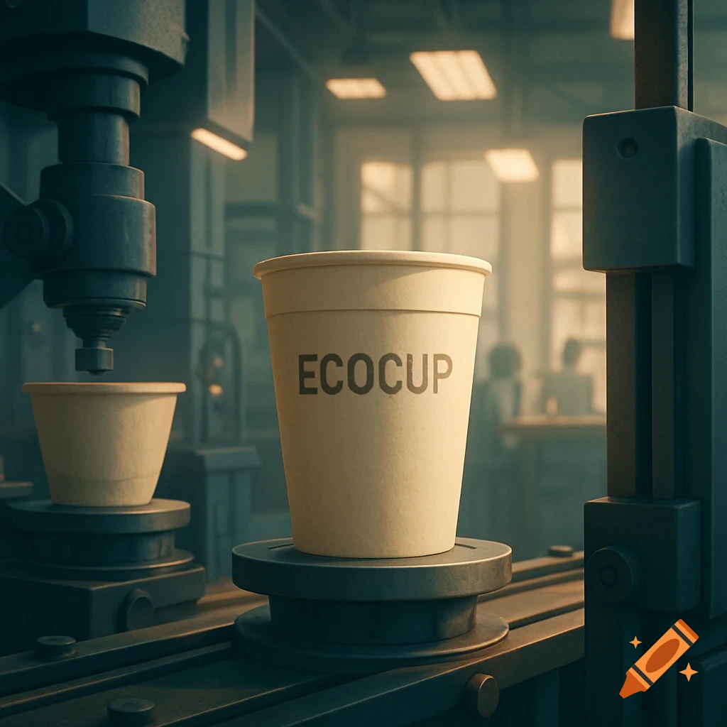 An EcoCup paper cup sits on manufacturing machinery in a factory, with another cup in the background.