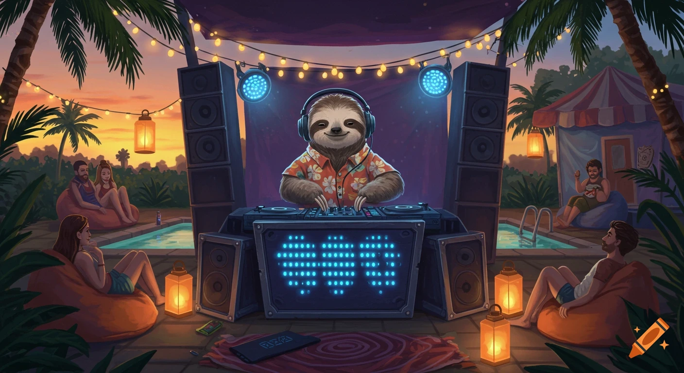 An illustrated sloth DJing at an outdoor pool party at sunset with people relaxing on bean bags around the pool.