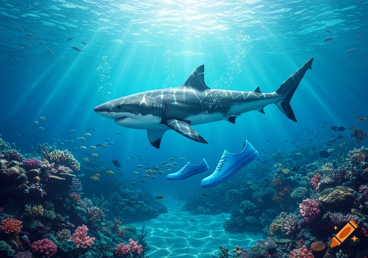A great white shark swims above two blue shoes in a vibrant coral reef, with sunlight filtering through the ocean surface.
