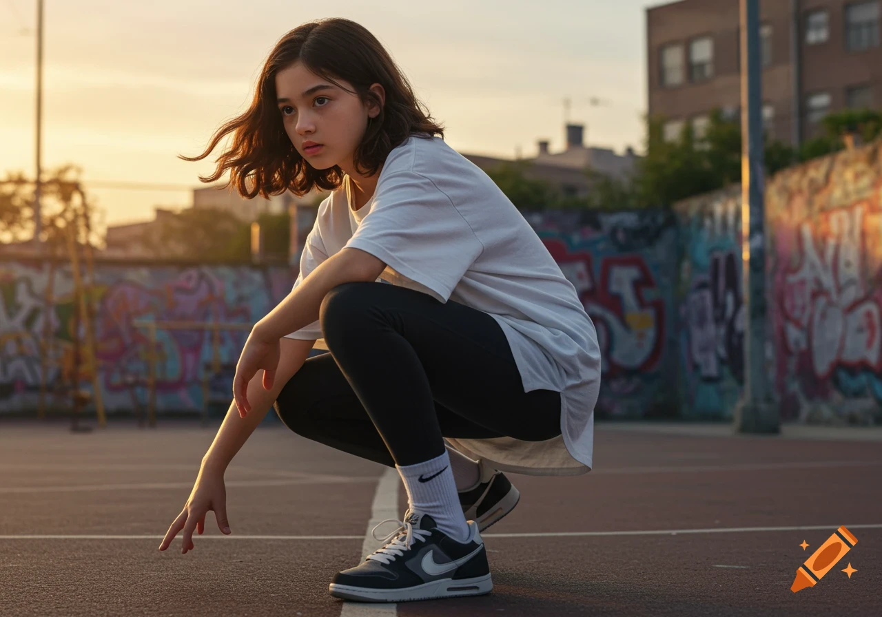 A girl wearing a white shirt, black leggings, and Nike sneakers crouches on a court, a graffiti wall in the background at sunset.