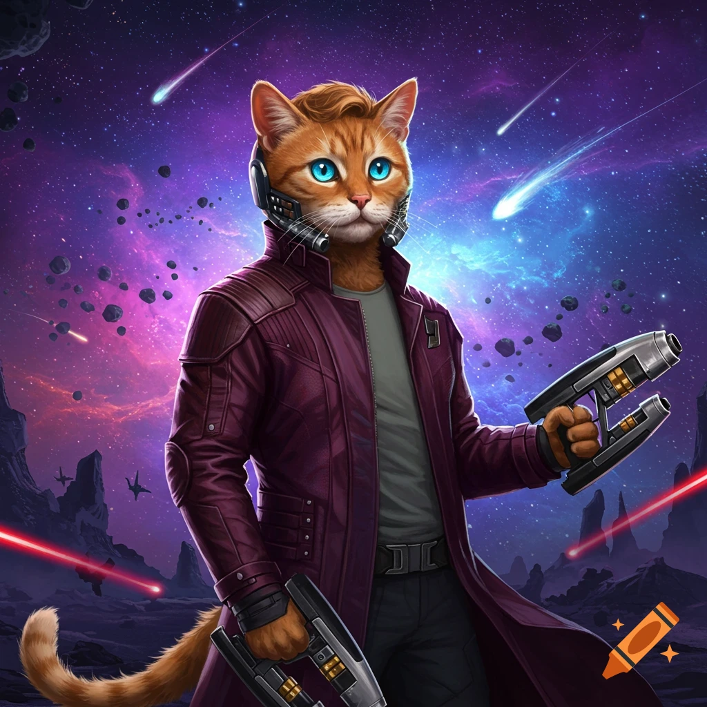 Anthropomorphic ginger cat in a maroon sci-fi coat with blue eyes, holding two blasters in a cosmic landscape.