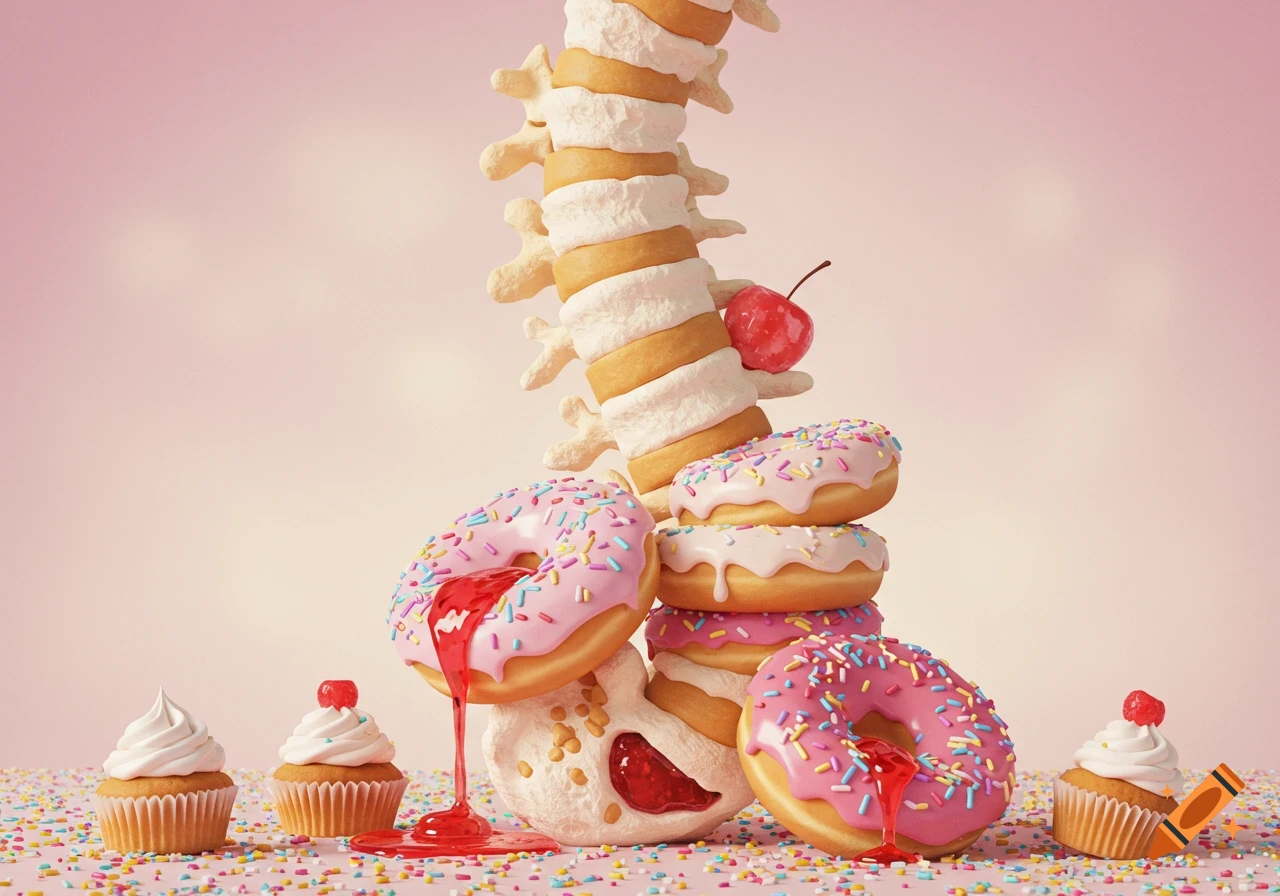 A stylized human spine made of donuts and sweet cream, with donuts stacked and one leaking red jelly, surrounded by cupcakes and sprinkles on a pink background.