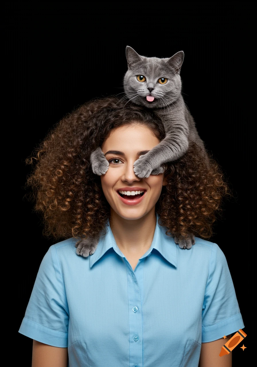 Photorealistic portrait of a laughing woman with curly hair in a blue shirt, a gray cat on her shoulder covering her eyes with paws, on a black background.